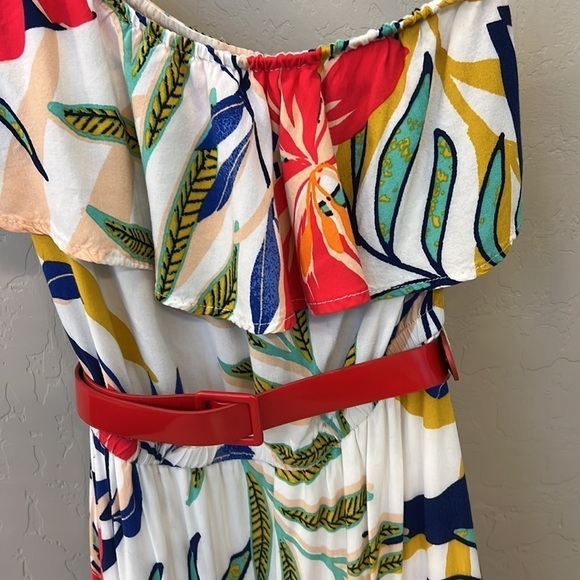 Flying Tomato One shoulder ruffle floral tropical print tiered maxi dress, L - Picture 5 of 15